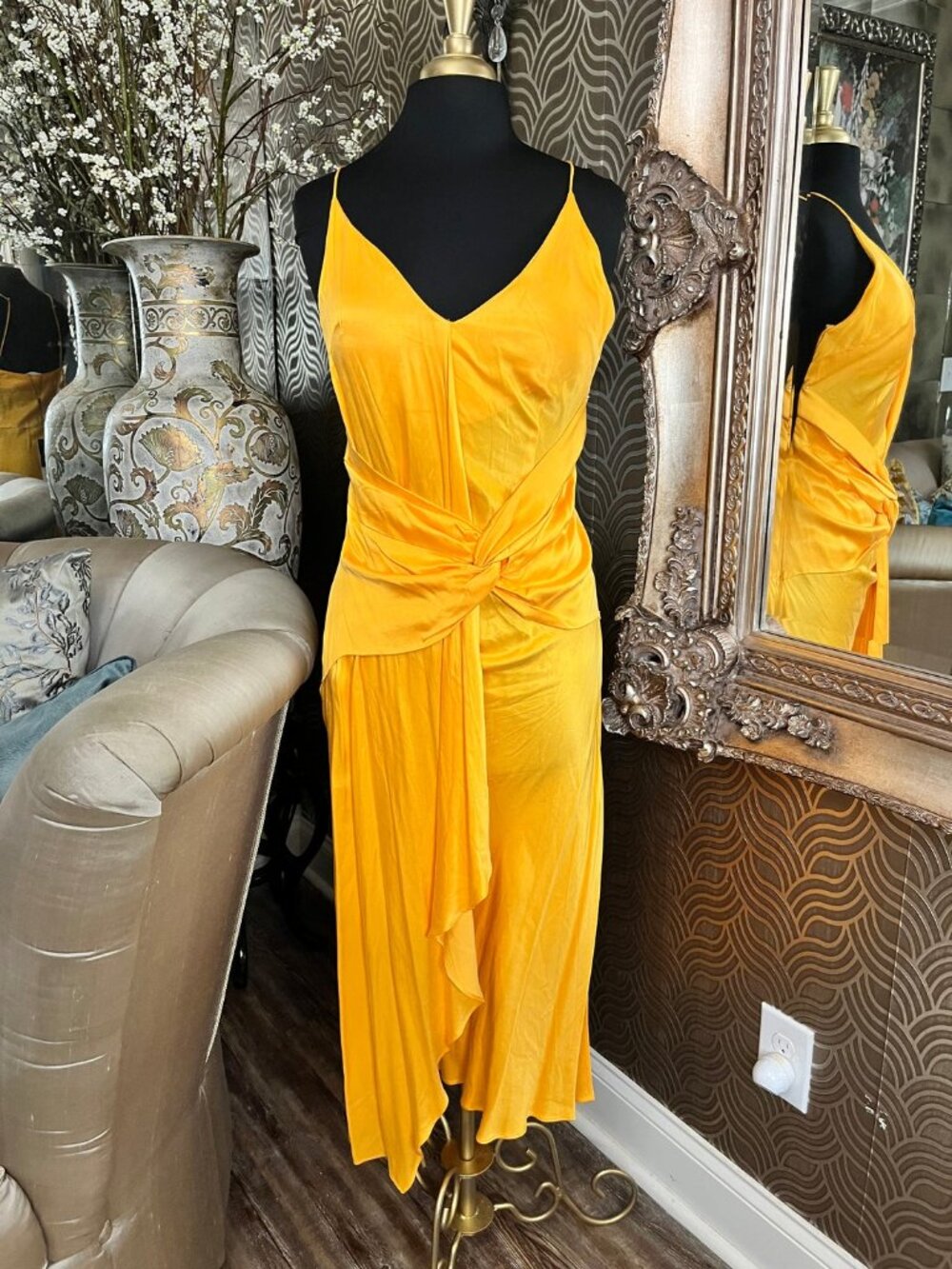 Acler Portland yellow distinct twisted front detail and delicate draping dress
